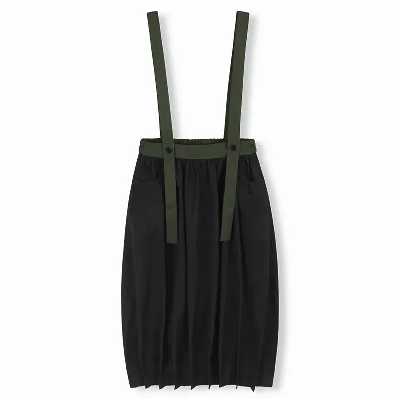 XITAO Folds Suspenders Contrast Color Skirts Casual Pocket Patchwork All Match A-line Loose Slimming Personality Skirt ZY8932