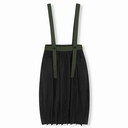 XITAO Folds Suspenders Contrast Color Skirts Casual Pocket Patchwork All Match A-line Loose Slimming Personality Skirt ZY8932