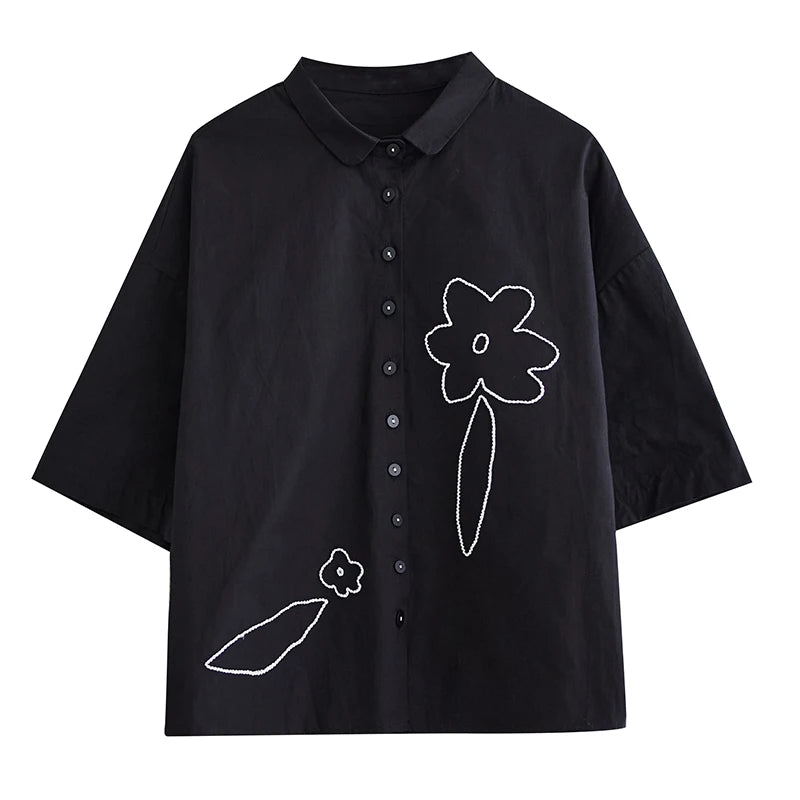 XITAO Embroidery Floral Single Breasted Women Shirt Solid Color Turn-down Collar Short Sleeve Shirt 2024 Summer Vintage HQQ2387
