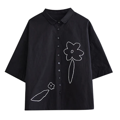 XITAO Embroidery Floral Single Breasted Women Shirt Solid Color Turn-down Collar Short Sleeve Shirt 2024 Summer Vintage HQQ2387