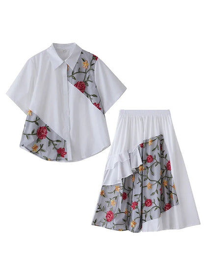 XITAO Asymmetrical Gauze Flower Sets Patchwork Embroidery Turn-down Collar Short Sleeve Loose Elegant Two-piece Sets HQQ2503