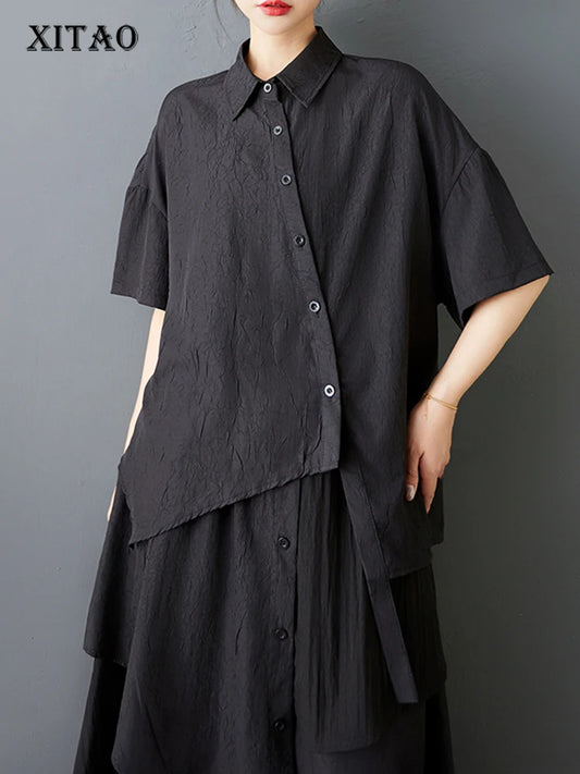 XITAO Irregular Short Sleeve Casual Blouse Turn-down Collar Loose Single Breasted All Match Fashion Summer Woman Shirts ZMY1220
