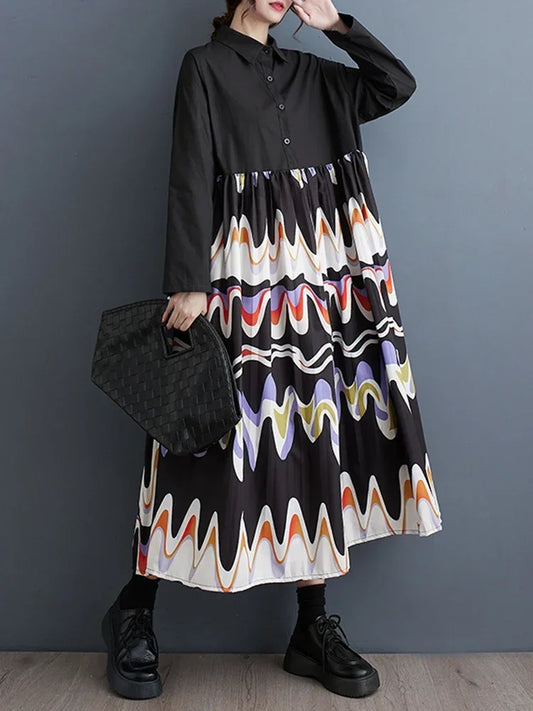 XITAO Casual Long Sleeve Shirt Dress Fashion Loose Contrast Color Print Big Hem Initial Spring New Women Dress ZZ0099