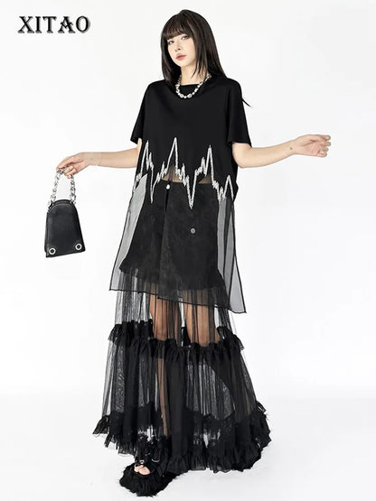 XITAO Patchwork Sequin Loose Dress Side Slit O-neck Short Sleeve Personality Perspective New Arrival Summer Woman Dress ZMY1324
