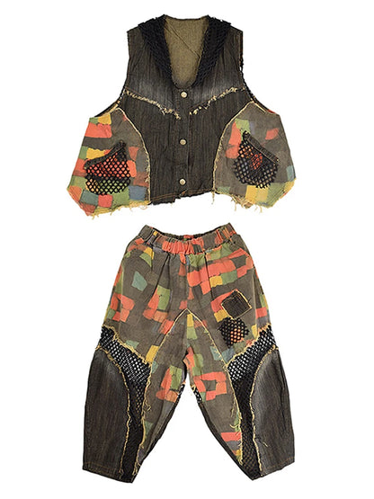 XITAO Gauze Patchwork Contrast Color Pant Sets Sleeveless Hooded Loose Vest Elastic Waist Pocket Pants Summer Fashion HQQ2344