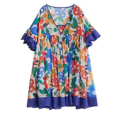 XITAO V-neck Print Patchwork Dress Edible Tree Fungus Slimming Elegant Small Fresh Loose Pleated Summer Woman Dress ZMY1256