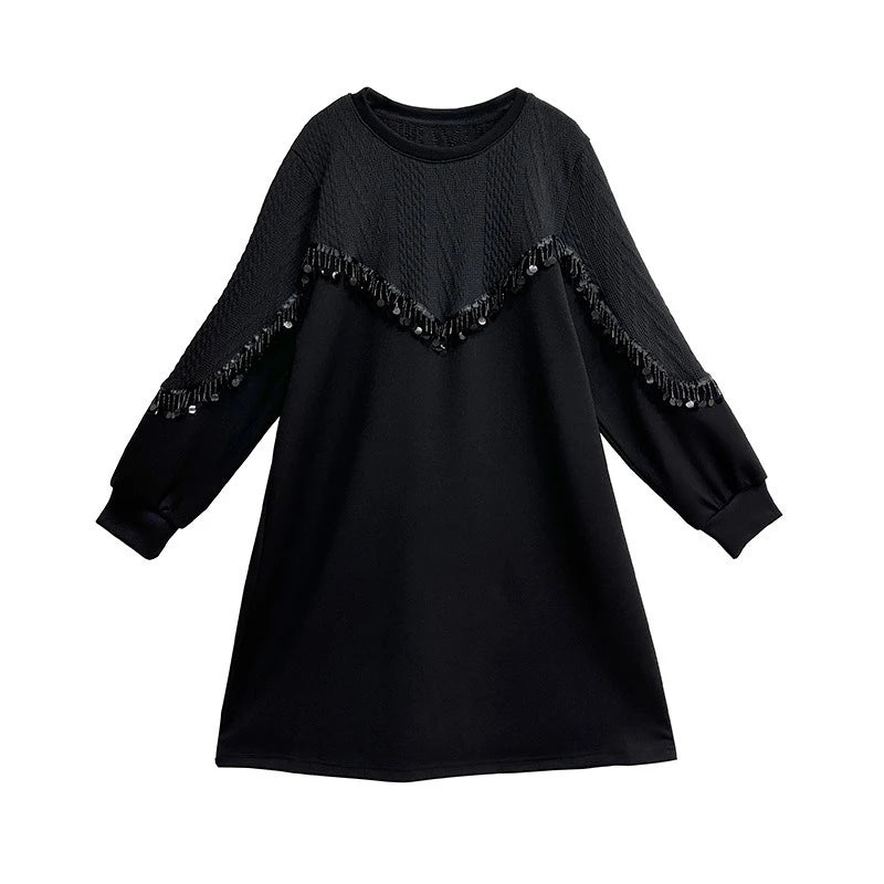 XITAO Solid Color Knee-length O-neck Full Sleeve Casual Loose Women Clothing Patchwork Sequined New Autumn Women Dress GMM1094
