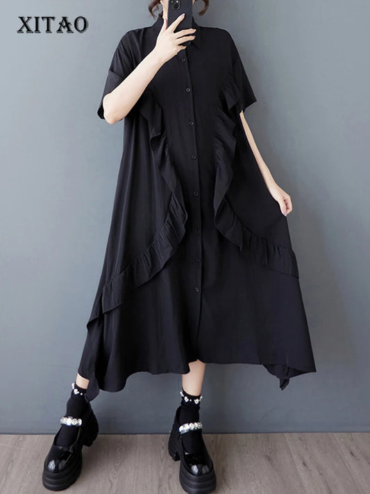 XITAO Irregular Edible Tree Fungus Shirt Dress Solid Color Loose Slimming Single Breasted Women Casual A-line Dress GYX1637