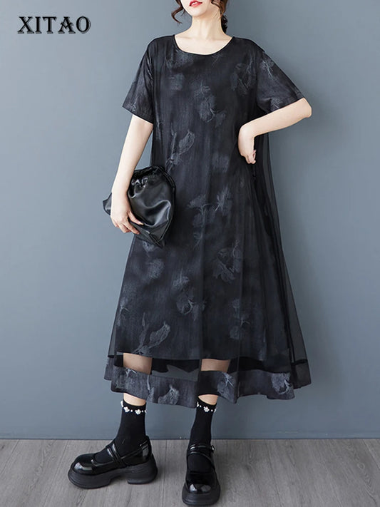 XITAO O-neck Mesh Patchwork Print Dress Loose Slimming Temperament Elegant Women Summer Short Sleeve Casual Dress HQQ2485