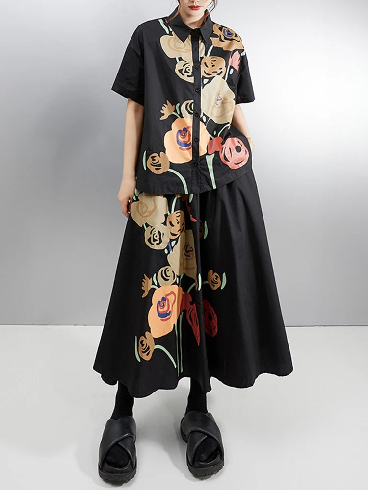 XITAO Print Flower Single Breasted Skirt Set Casual Loose Short Sleeve Turn-down Collar A-line Vintage Spring Women Set GYX1601