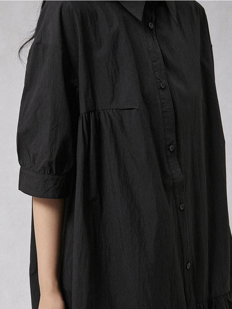 XITAO Irregular Pleated Turn-down Collar Dress Single Breasted Solid Color A-line Loose Half Sleeve Summer Female Dress GYX1656