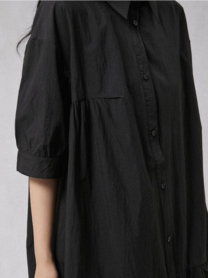 XITAO Irregular Pleated Turn-down Collar Dress Single Breasted Solid Color A-line Loose Half Sleeve Summer Female Dress GYX1656