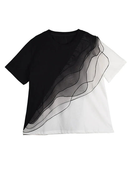 XITAO Patchwork Contrast Color Mesh T-Shirt Casual Loose Fitting O-neck Short Sleeve New Pullover Summer Women Top GYX1667