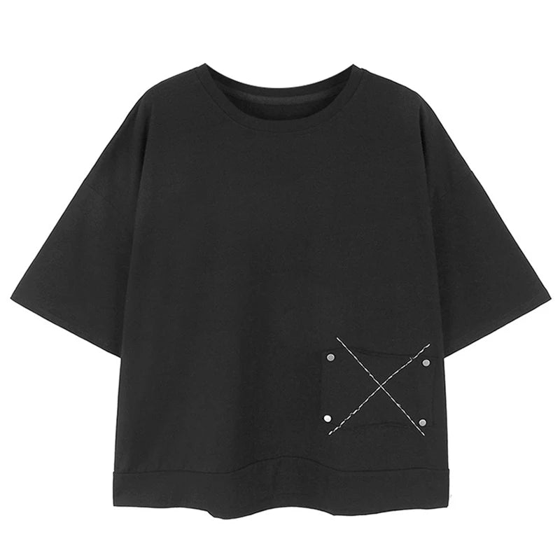 XITAO O-neck Patchwork Pullover T-shirts Solids Color Short Sleeve Loose All Match Top 2024 Summer New Casual Fashion DMJ4104