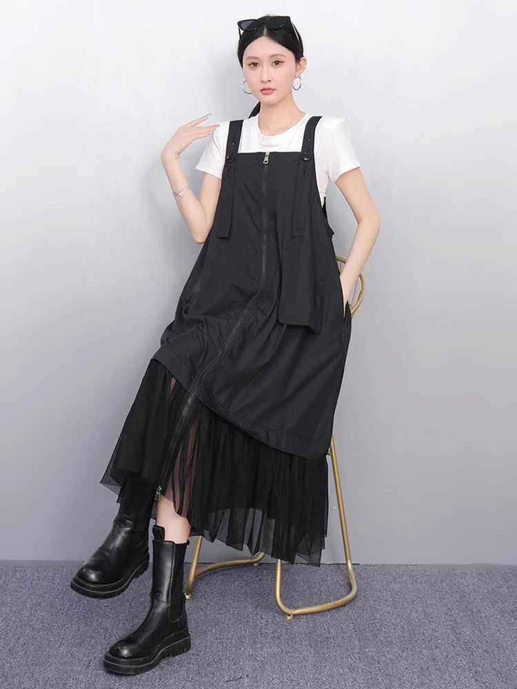 XITAO Zipper Pleated Gauze Dress Pocket Sleeveless Loose Vintage Temperament Patchwork Solid Color Summer Woman Dress ZMY1336