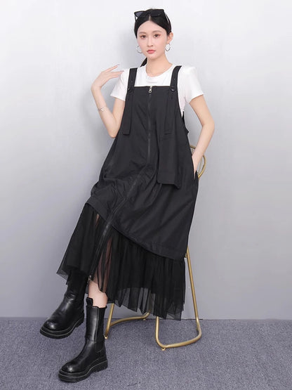 XITAO Zipper Pleated Gauze Dress Pocket Sleeveless Loose Vintage Temperament Patchwork Solid Color Summer Woman Dress ZMY1336