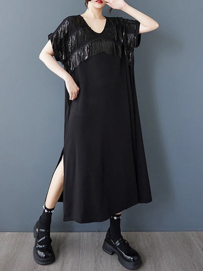 XITAO Tassel Patchwork V-neck Pullover Dress Solid Color Short Sleeve Pocket Side Split Temperament Slimming Women Dress ZMY1350