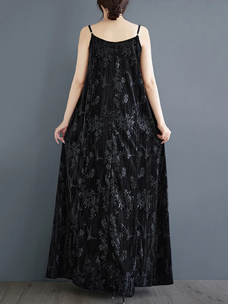 XITAO Autumn Vintage Solid Strap Female Dress Loose V-neck Dark Pattern Jacquard Temperament Sleeveless Women Dress GYX1076