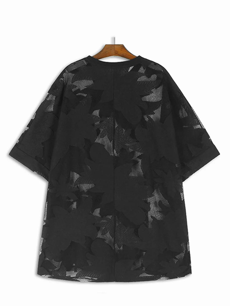 XITAO Black Lace Female Pullover T-shirt Loose Casual Solid Color Personality All-match O-neck Fashion Women New Top ZY8853