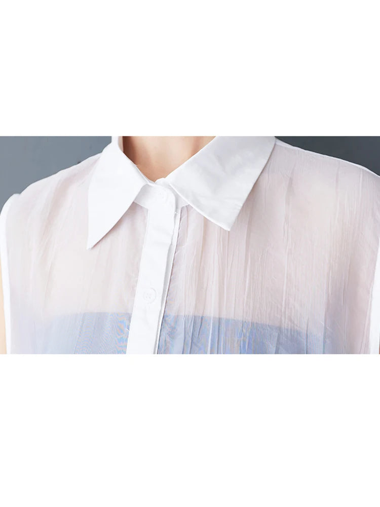 XITAO Rhombus Gauze Patchwork Sleeveless Dress Solid Color Turn-down Collar Single Breasted Loose Perspective Dress ZY8941
