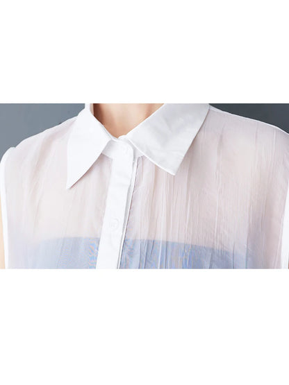 XITAO Rhombus Gauze Patchwork Sleeveless Dress Solid Color Turn-down Collar Single Breasted Loose Perspective Dress ZY8941