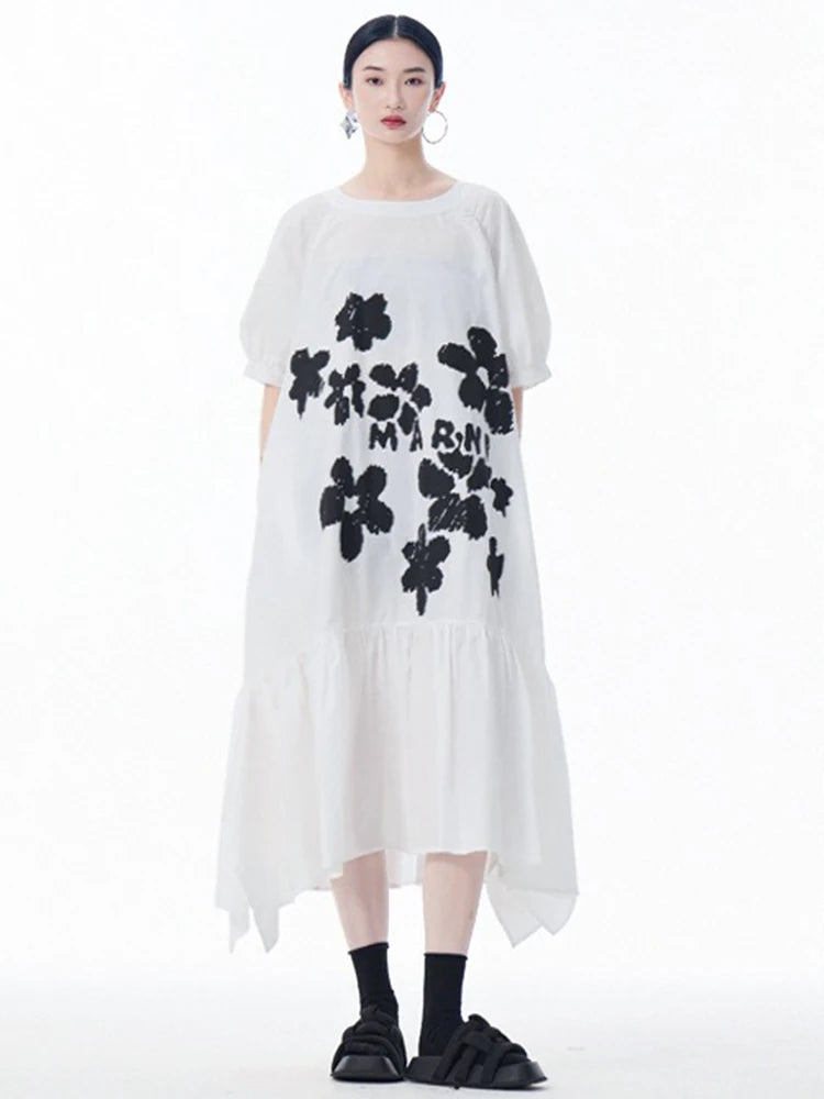 XITAO Ruffles Flower A-line Dress Puff Sleeve Casual Loose Fitting Vintage New Chinese Style Slimming Summer Women Dress ZY8933