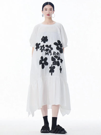 XITAO Ruffles Flower A-line Dress Puff Sleeve Casual Loose Fitting Vintage New Chinese Style Slimming Summer Women Dress ZY8933