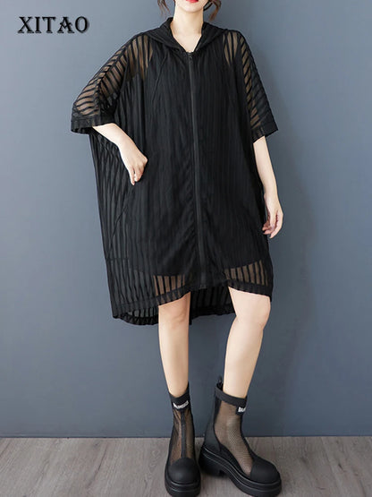 XITAO Zipper Hooded Half Sleeve Dress Casual A-line Solid Color Personality New Arrival Fashion Slimming Summer Dress ZMY1173