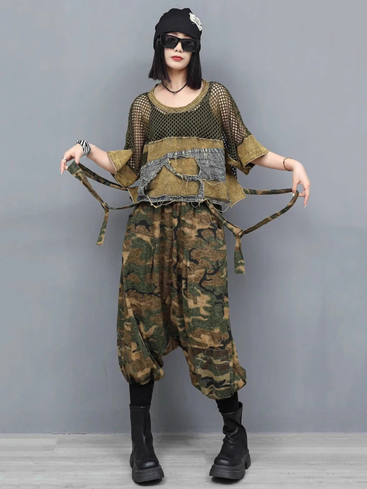XITAO Patchwork Hollow Out Denim Sets O-neck Loose Casual Short Sleeve Pocket Elastic Waist Two-piece Personality Sets GYX1663