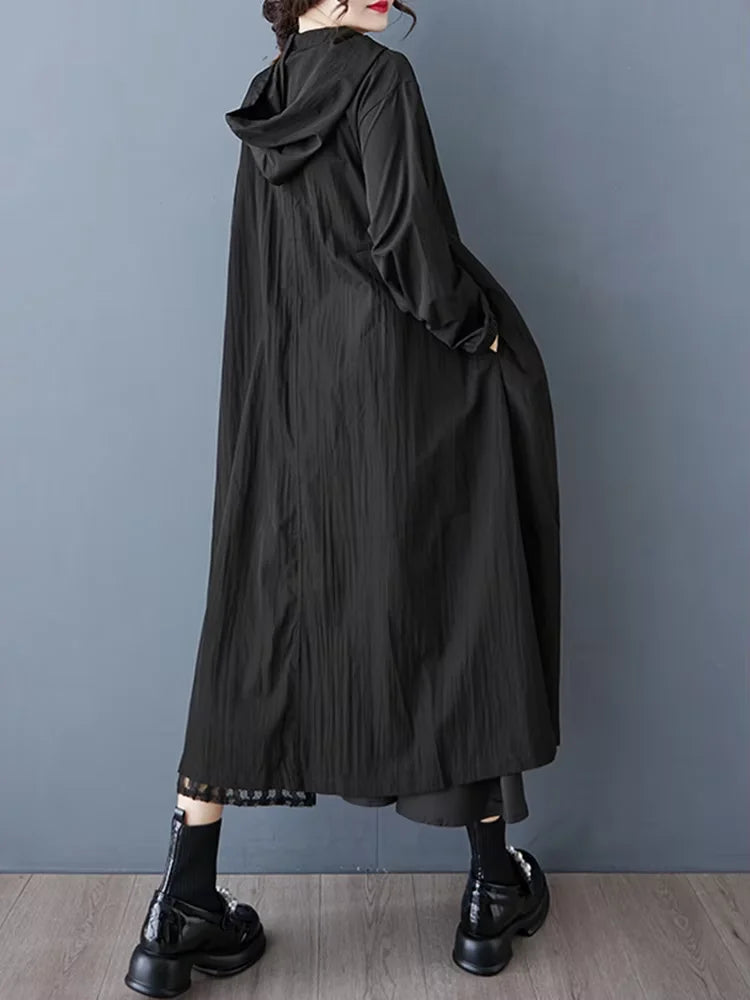 XITAO Pleated Zipper Hooded Full Sleeve Dress Loose Fitting A-line Vintage Japanese Style Leisure Spring Women Dress HQQ2440