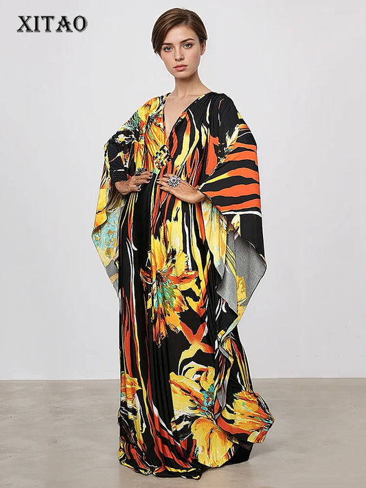 XITAO V-neck Print Loose Dress Bat Wing Sleeve Pullover Casual Full Sleeve Temperament Flower Trend Summer Woman Dress GJ1194