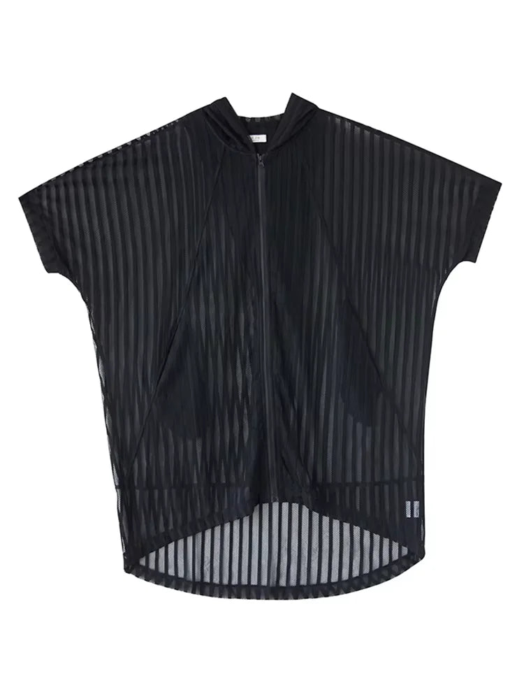 XITAO Sheer Hooded Gauze Zipper Dress Solid Color Pocket Patchwork Striped Loose Temperament All Match Slimming Dress ZMY1181