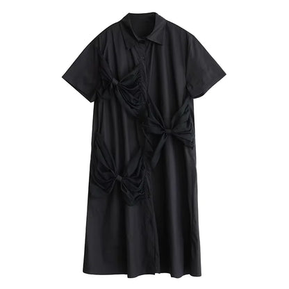 XITAO Bow Mesh Single Breasted Lapel Female Dress Casual Solid Color Short Sleeve Leisure A-line Mid-calf Summer Dress HQQ2458