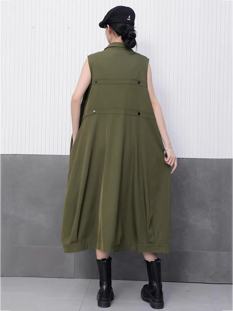 XITAO Single Breasted Turn-down Collar Dress Casual Solid Color Sleeveless A-line Fashion Ribbon Summer Women Dress HQQ2479