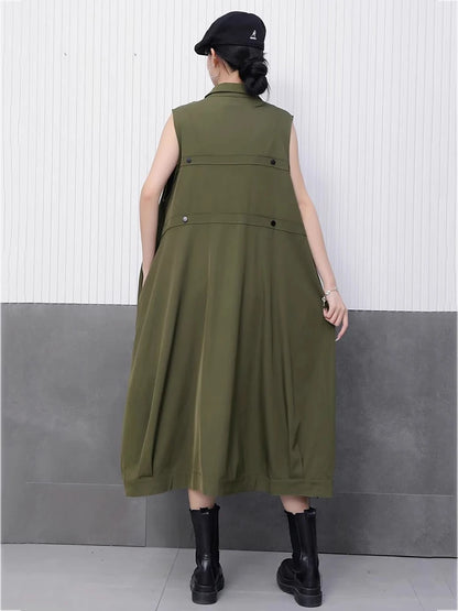 XITAO Single Breasted Turn-down Collar Dress Casual Solid Color Sleeveless A-line Fashion Ribbon Summer Women Dress HQQ2479