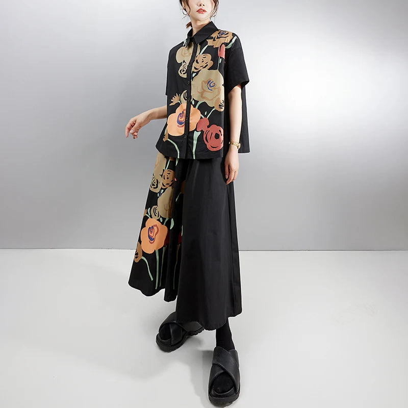 XITAO Print Flower Single Breasted Skirt Set Casual Loose Short Sleeve Turn-down Collar A-line Vintage Spring Women Set GYX1601