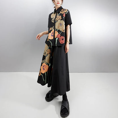 XITAO Print Flower Single Breasted Skirt Set Casual Loose Short Sleeve Turn-down Collar A-line Vintage Spring Women Set GYX1601