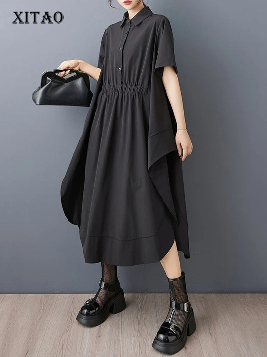XITAO Irregular Button Dress Solid Color Casual Short Sleeve Loose Turn-down Collar Temperament Summer Woman Dress GYX1653