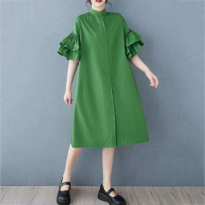 XITAO Ruffles Sleeve Single Breasted Dress New A-line Mid-calf Stand Collar O-neck Solid Color Summer Female Dress GMM1328