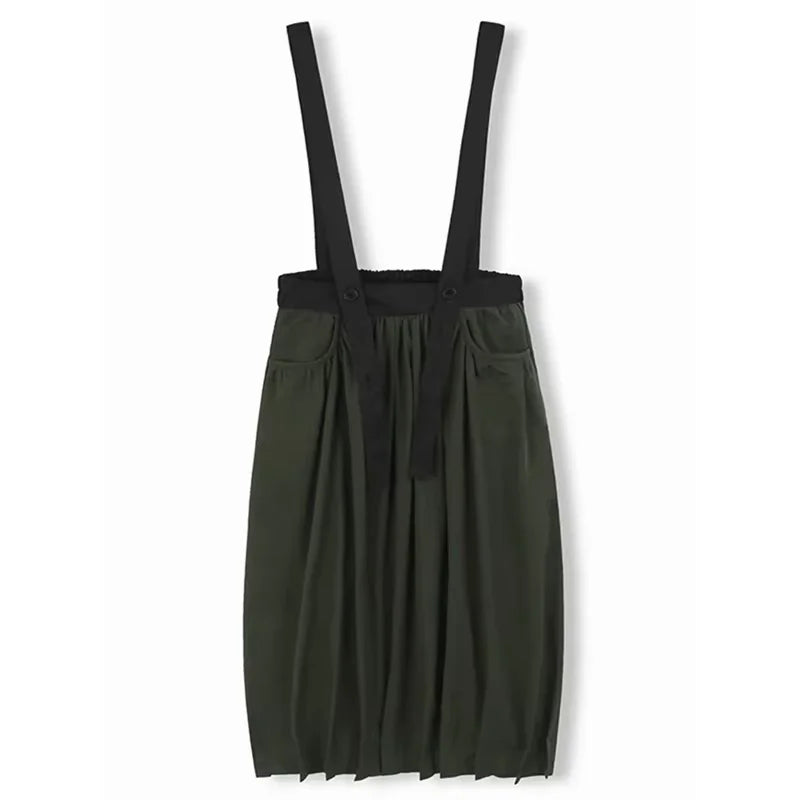 XITAO Folds Suspenders Contrast Color Skirts Casual Pocket Patchwork All Match A-line Loose Slimming Personality Skirt ZY8932