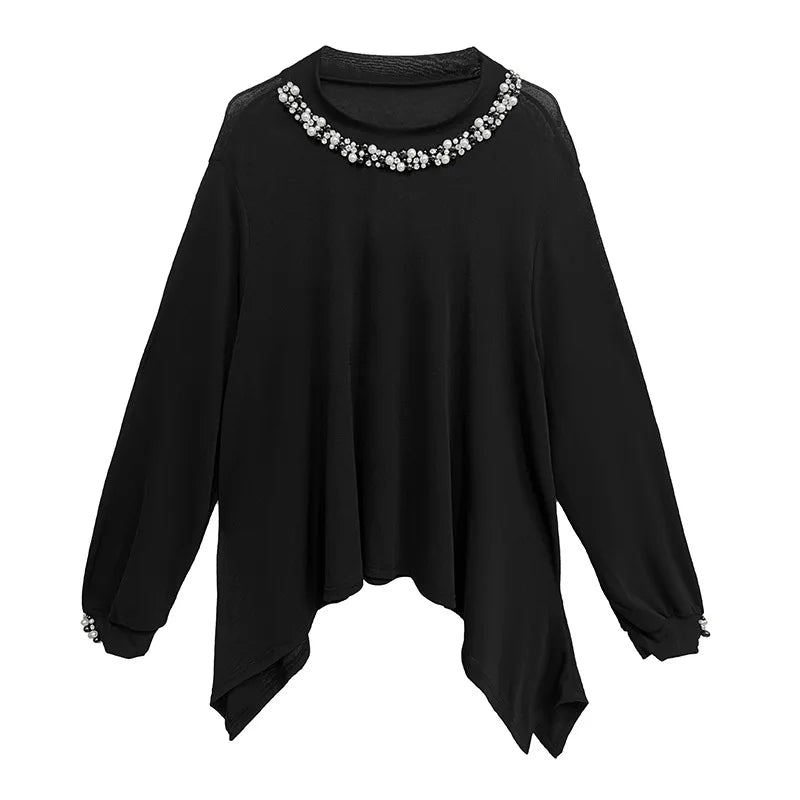 XITAO Asymmetrical Embroidered Flares T-Shirts Solid Color Long Sleeve Patchwork O-neck Pullover Loose Temperament Top ZMY1159