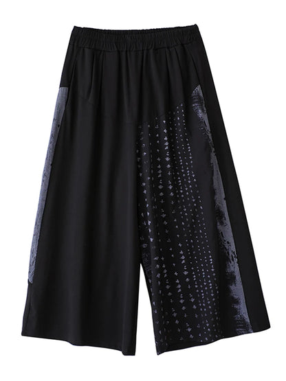 XITAO Print Patchwork Pocket Elastic Waist Pants Contrast Color Loose All Match Casual Slimming Summer Wide Leg Pants HQQ2482