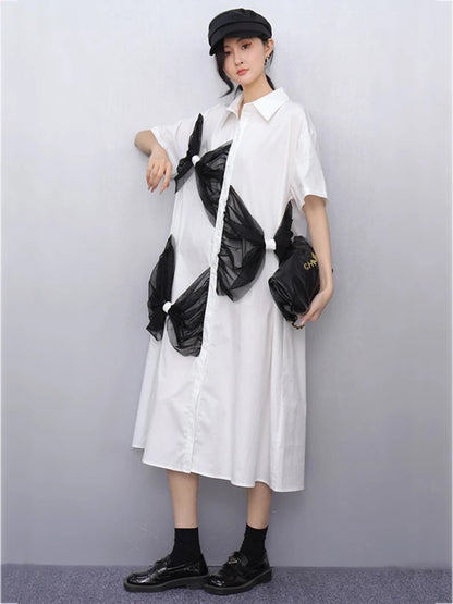 XITAO Bow Mesh Single Breasted Lapel Female Dress Casual Solid Color Short Sleeve Leisure A-line Mid-calf Summer Dress HQQ2458