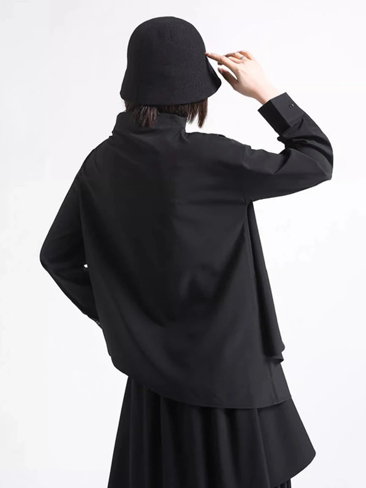 XITAO Single Breasted Half High Collar Shirt Asymmetrical Patchwork Solid Color Long Sleeve Folds Pullover Loose Tops HQQ2500