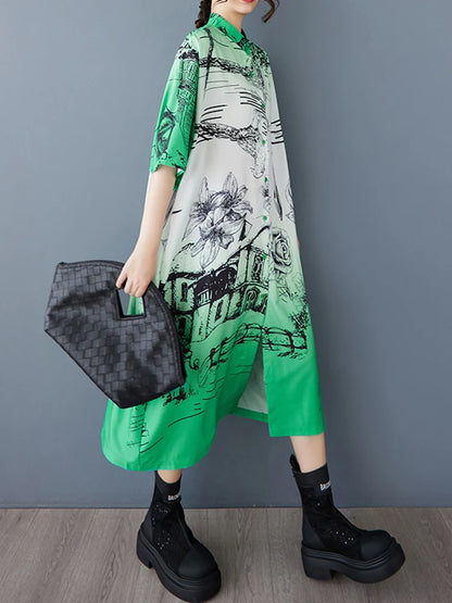 XITAO Contrast Color Print Pocket Patchwork Dress Turn-down Collar Single Breasted Short Sleeve Loose Casual Shirt Dress ZMY1169