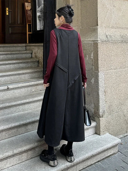 XITAO Loose Vintage Solid Color Two Piece Top and Dress Women Mid-calf Half High Collar Pullover Fashion Female Dress GJ1102