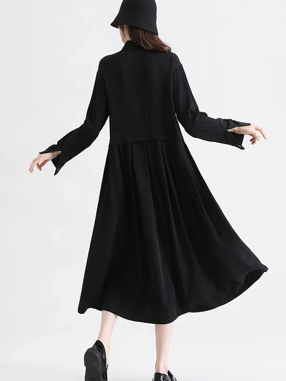 XITAO Bandage Patchwork Solid Color Folds Dress Long Sleeve Single Breasted Loose Slimming Temperament A-line Dress HQQ2502