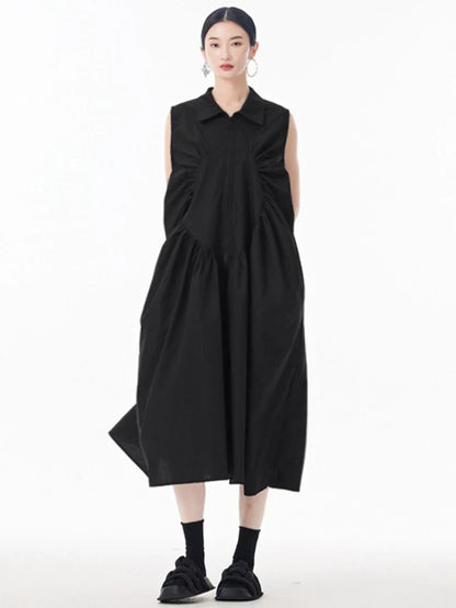 XITAO Pleated Zipper Turn-down Collar Dress Sleeveless A-line Patchwork Solid Color Simple Casual Summer Women Dress ZMY1051