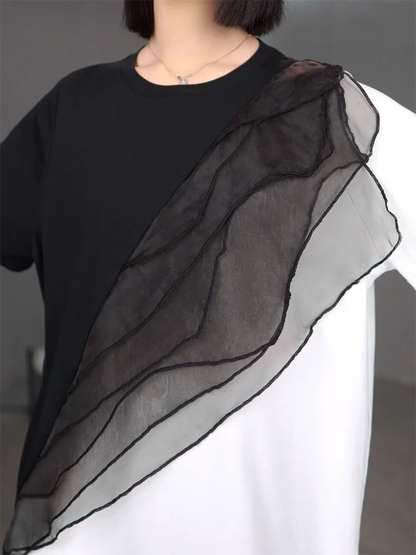 XITAO Gauze Patchwork Contrast Color T-Shirt O-neck Short Sleeve Loose All-match Personality Summer Woman T-shirt ZMY1265
