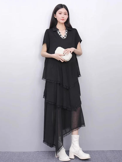 XITAO Irregular Patchwork Short Sleeve Dress V-neck Casual Loose Fitting A-line Elegant Comfortable Pullover Women Dress ZMY1340